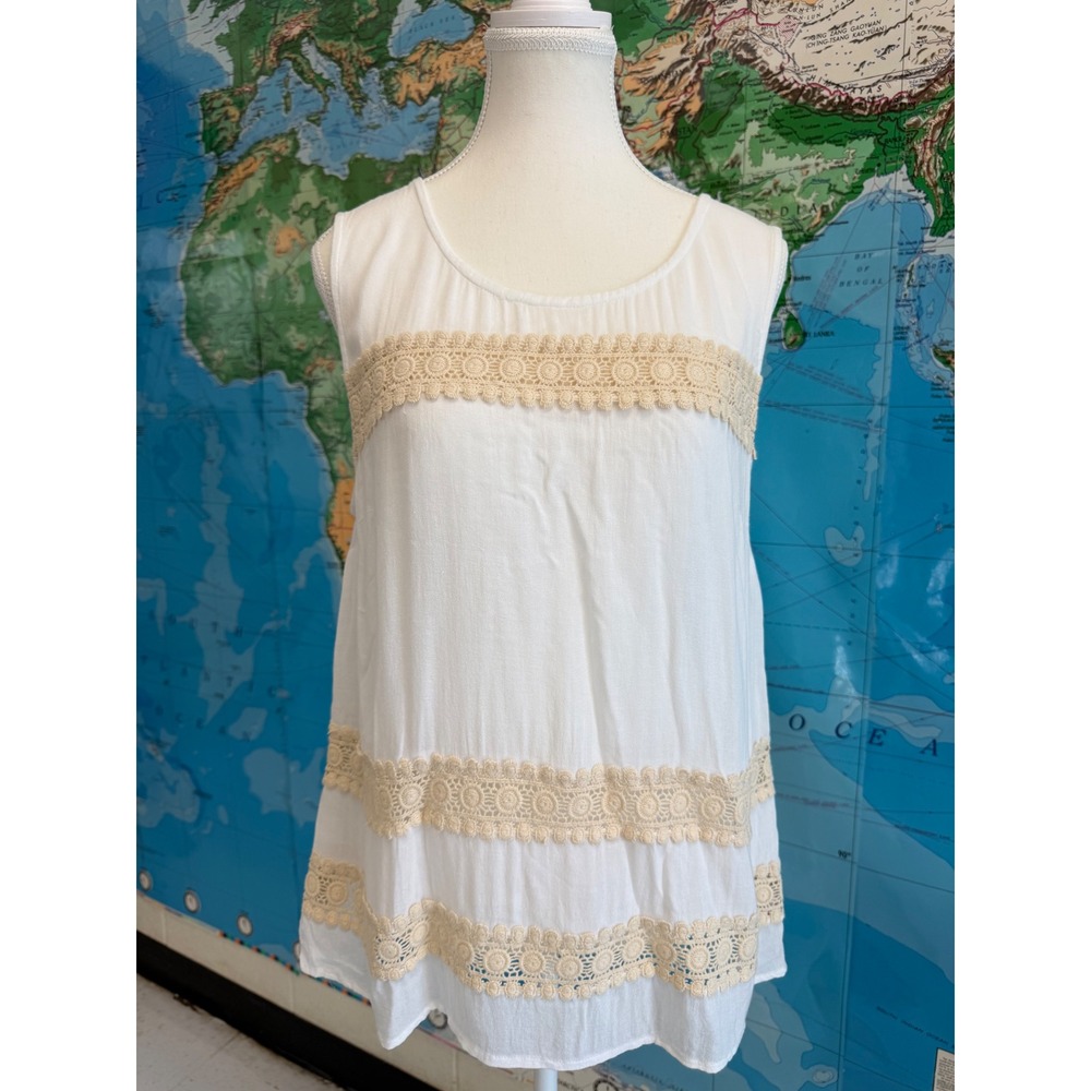 Merona Womens Large White Gauze Sleeveless Top Beige Crochet Lace Tiered Boho